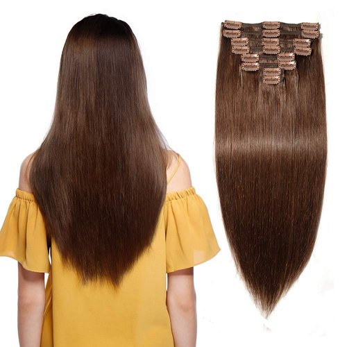 MY-LADY Double Weft 100% Remy Human Hair Clip in Extensions Full Head Thick Thickened Long Soft Silky Straight 8pcs 18clips for Women Beauty 14" / 14 inch 120g #4 Medium Brown