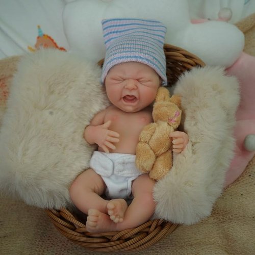 Reborn Baby Doll Boy 7 Inch Silicone Doll Mini Realistic Newborn Baby Dolls Silicone Full Body Stress Relief for Adults Hand Made with Feeding & Bathing Accessories(B)