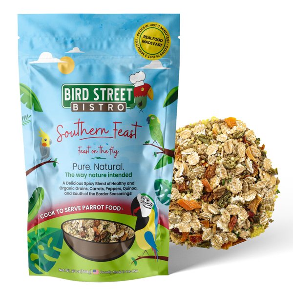 Bird Street Bistro Parrot Food - Parakeet Food - Cockatiel Food - Bird Food - Cooks in 3-15 min w/Natural & Organic Grains - Legumes - Non-GMO Fruits, Vegetables, & Healthy Spices