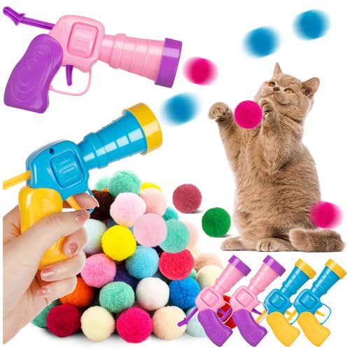 ZMLTLMG 4 Pcs Cat Ball Launcher, Interactive Cat Toy with 100PCS Cat Pompom Balls, Cat Toy Ball Launcher Gun for Cats, Cat Toys Interactive for Training, Playing, Funny Game