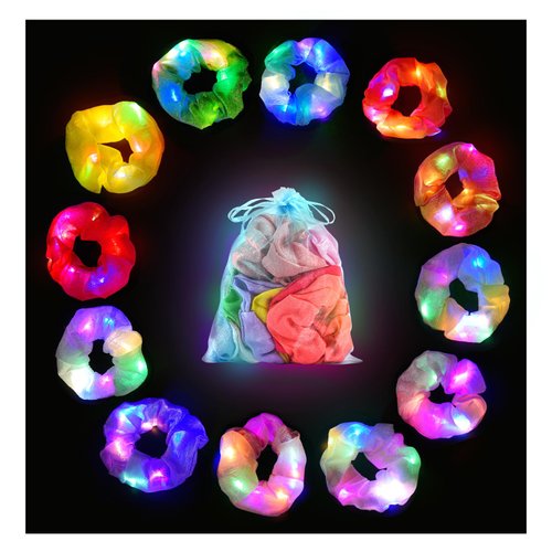 Lolalet 12PCS LED Light Up Hair Scrunchies, Neon Hair Ties, Glow in the Dark Accessories for Sleepover Party Favors, Colorful Elastic Band for Rave Festival Dance Night Events -Style C