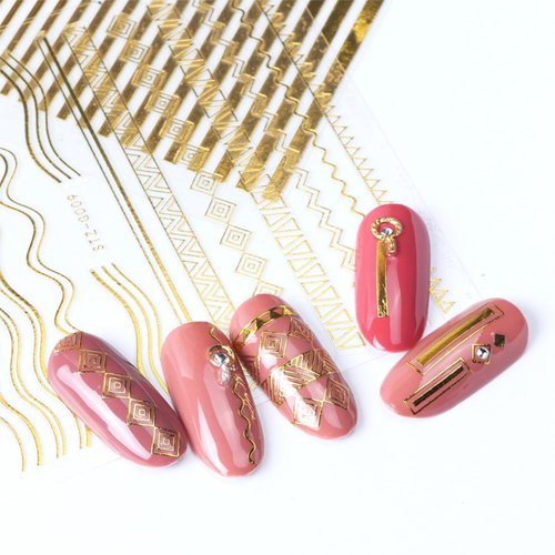 12 Sheets Gold Nail Stickers 3D Self Adhesive Gold Metal Nail Art Stickers Gold Line Nail Decals Gold French Nail Supplies Wave Nail Art for Women and Girls