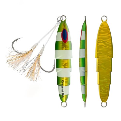 OCEAN CAT 1 PC Lead Metal Flat Slow Fall Pitch Fishing Jigs Lures Sinking Vertical Jigging Painted Spoons Bait with Butterfly Hook for Saltwater Fishing (Green&Gold, 160g)