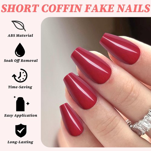 LuckForever 240pc Coffin Press on Nails Medium Fake Nails Red Glue on Nails Short Ballerina Coffin Nails Press ons Acrylic Nails False Nails Full Cover Artificial Fingernails with Adhesive Tabs