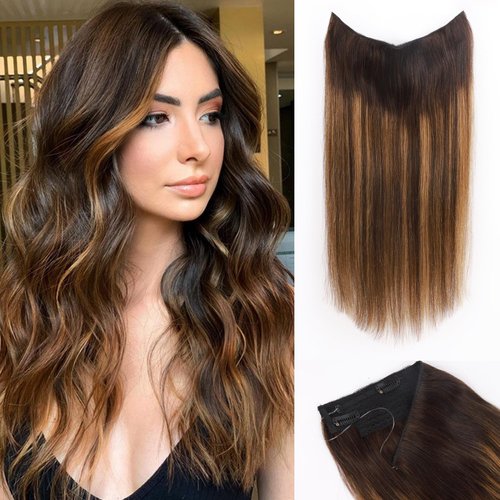 Halo Hair Extensions Real Human Hair Invisible Wire Hair Extensions with Transparent Wire Adjustable Size Removable Secure Clips in Straight Secret Hairpiece（80g,16Inch Dark Brown to Chestnut Brown）