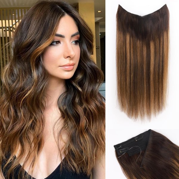 Halo Hair Extensions Real Human Hair Invisible Wire Hair Extensions with Transparent Wire Adjustable Size Removable Secure Clips in Straight Secret Hairpiece（80g,16Inch Dark Brown to Chestnut Brown）