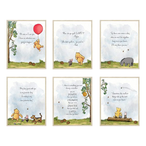 HerZii Prints Classic Winnie The Pooh Wall Art Decorations Set of 6 8x10 inch - Nursery Playroom Home Decor - Baby Shower Decorations