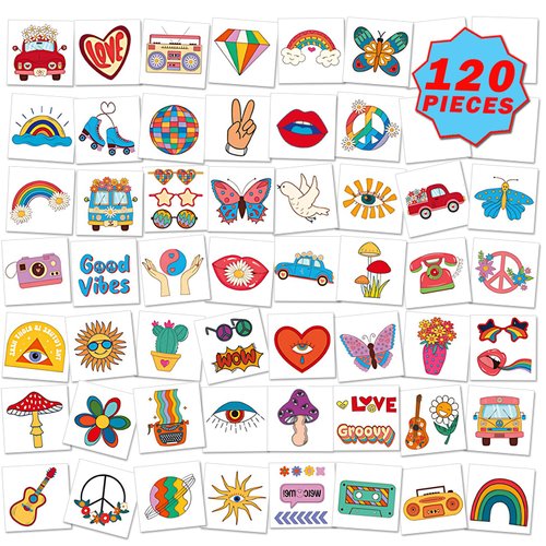 Hippie Temporary Tattoos for Women Men, 10 Sheets 70’s Groovy Hippie Love and Peace Rainbow Waterproof Fake Tattoo Stickers for Adult Kids Birthday Party Favors Supplies Gifts