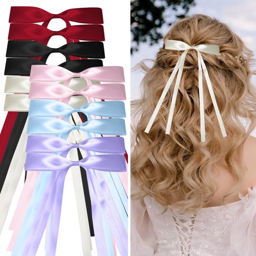 CAMNOW 12PCS Hair Bows for Women Hair Clips Tassel Ribbon Bowknot Hair Bows with Long Tail Hair Accessories Barrettes for Girls 6 Colors