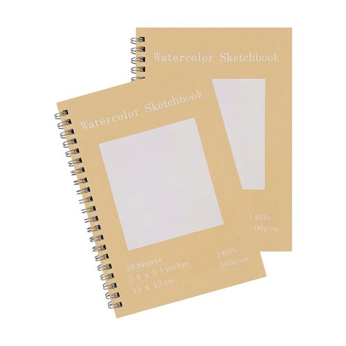 Set of 2, Each with 20 Sheets, 7.5 x 5.1 Inches, 140 lb Cold Press Watercolor Paper, 1150 GSM Brown Hard Cover, Spiral Bound, White Pages for Drawing and Painting