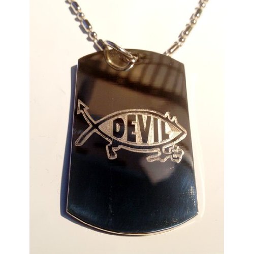 Novelty Jesus Fish Devil Satan Funny Logo Symbol - Military Dog Tag Luggage Tag Key Chain Metal Chain Necklace