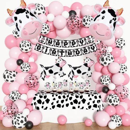 Amandir 115PCS Cow Party Decorations Pink Cow Balloon Garland Arch Kit with Cow Print Balloons Happy Birthday Banner Cake Topper for Girl Baby Shower Farm Animals Cow Themed Birthday Party Supplies