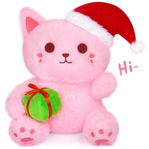 Hagusahuo Christmas Stuffed Animal Pink Cat Plush, Cute Cat Stuffed Animal with Gift Box Plush for Kid, Kawaii Cat Plushie Toy for Kids Boys Girls Cartoon Christmas Decoration