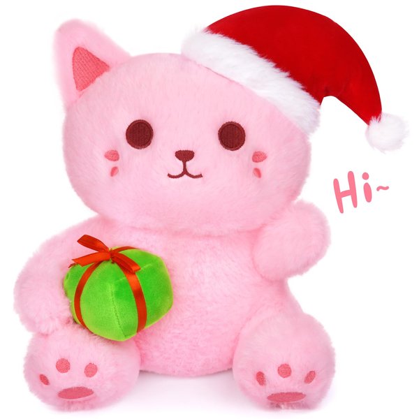Hagusahuo Christmas Stuffed Animal Pink Cat Plush, Cute Cat Stuffed Animal with Gift Box Plush for Kid, Kawaii Cat Plushie Toy for Kids Boys Girls Cartoon Christmas Decoration