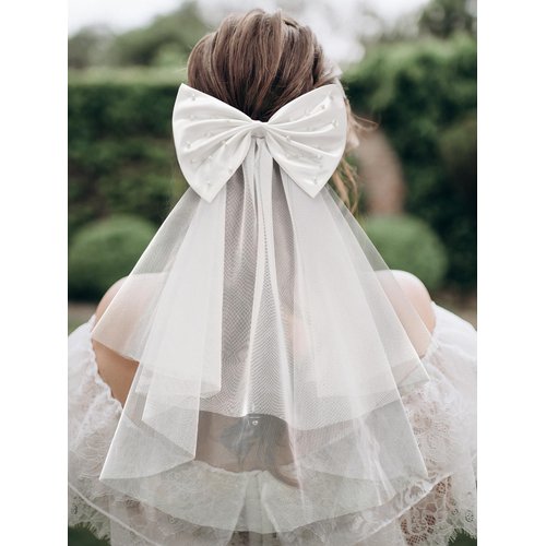 SWEETV Bridal Hair Bow Veil White Bow Clip Bachelorette Party Decorations Pearl Accessories Bride to Be Bridal Shower Gift