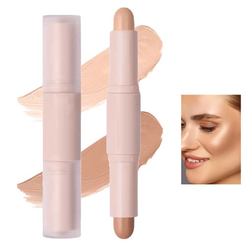 2 Color Double-Headed Cream Contour Stick,Concealer Sticks Waterproof & Long Lasting Highlight & Contour Stick Face Primer Corrector Makeup Kit for Women(Deep)
