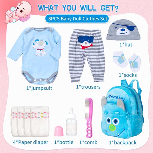 PEDOLLTREE Reborn Baby Doll Clothes Outfit Accessories Blue Puppy Set 11 Pcs Set for 17-22 Inch Reborn Doll Newborn Boy with Backpack Diaper