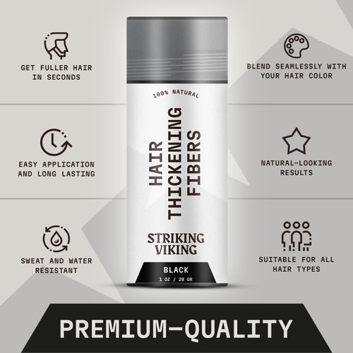 Striking Viking Hair Fibers for Thinning Hair - Hair Building Fibers (Black) 28g - Naturally Derived Formula - Long Lasting Hair Powder for Undetectable, Thicker Looking Hair for Men & Women
