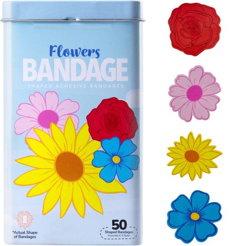 BioSwiss Bandages, Flowers Shaped Self Adhesive Bandage, Latex Free Sterile Wound Care, Fun First Aid Kit Supplies for Kids and Adults, 50 Count