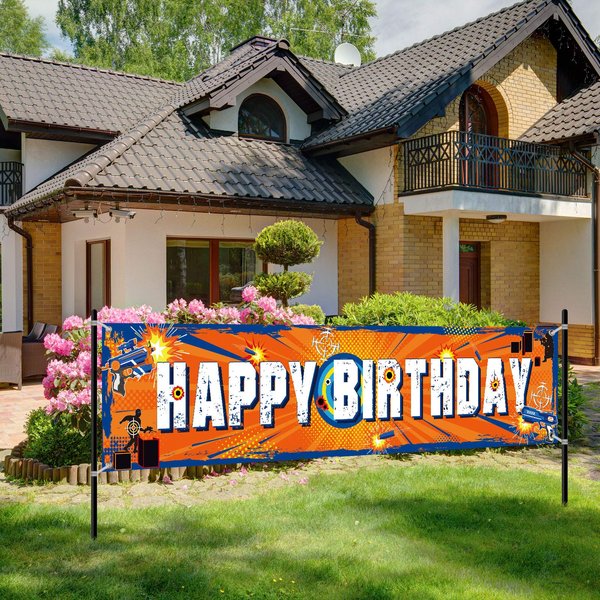 Sumind Dart Battle Party Supplies Horizontal Fabric Happy Birthday Banner, Orange, Boys Birthday Party Decorations, 71 x 16 Inch, Tear Resistant, Lightweight, Fold