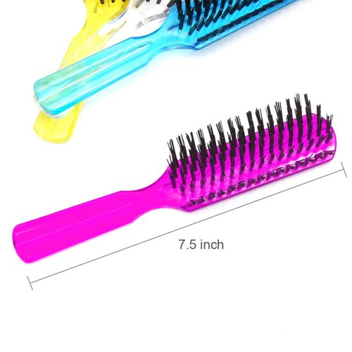 LUXXII (6 Pack) 7.5" Plastic Color Handle Nylon Bristle Brush Hair Pocket Comb Designed for All Hair Types (Assort Color)