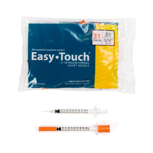EasyTouch U-100 Insulin Syringe with Needle, 31G 0.5cc 5/16-Inch (8mm), Box of 100