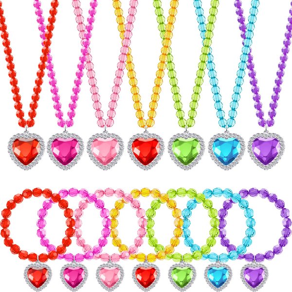 7 Sets Girl Dress up Jewelry Toddler Jewelry Princess Bracelet Necklaces Kids Costume Jewelry Set for Girl Tea Costume Party (Heart Pendant)