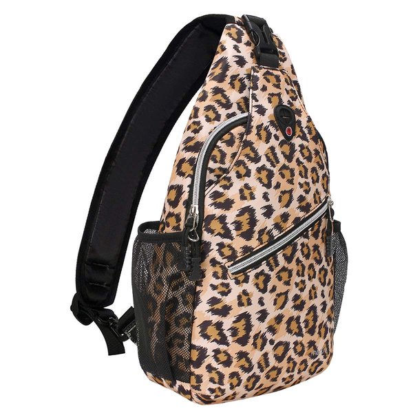 MOSISO 13 inch Sling Backpack, Multipurpose Hiking Daypack Outdoor Rope Crossbody Chest One Shoulder Bag, Leopard Print