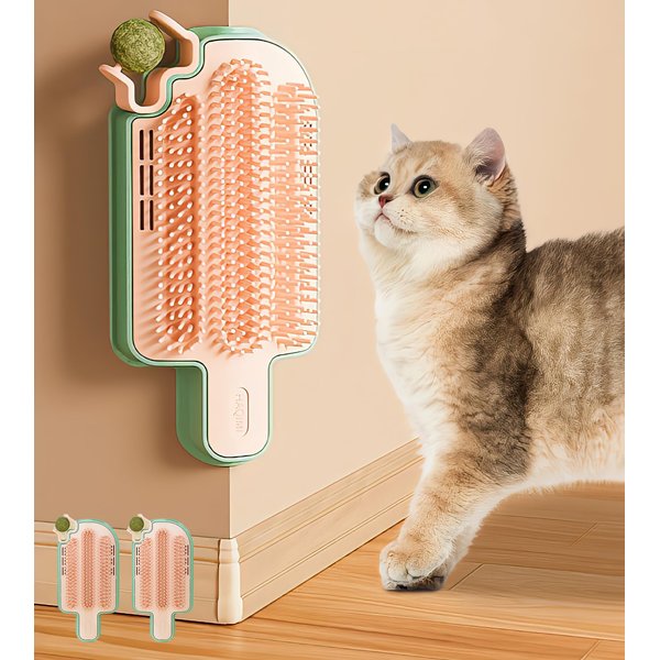 Cat Self Grooming with Catnip Toys for Indoor Cats 2 Pack, Stick on Wall Cat Brush with Catnip Ball Toys for Cats, 2 in 1 Massage & Self Grooming, Cat Self Groomer for Indoor Cats, Cat Corner Brush