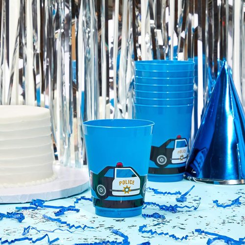 BLUE PANDA 16 Pack Plastic Police Cups for Kids, Car Party Favors for Birthday Party Supplies (16 oz)