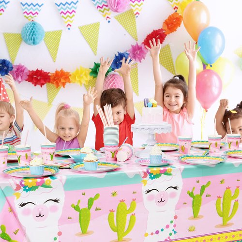 WERNNSAI Llama Table Cover - 2 PCS 54” x 108” Party Disposable Plastic Tablecloth, Alpaca Lama Party Supplies for Kid Girl Pink Picnic Birthday Party Decorations