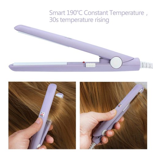 Ceramic Mini Hair Curler Straightener Flat Iron for Short Small Curling Tiny Irons Travel Size Bangs 2 in 1 Straightener Tourmaline Plate Beauty Heating Heats Up Fast (Purple)