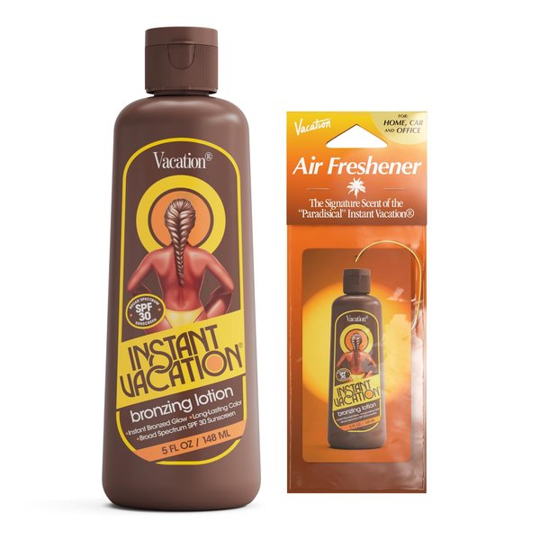 SPF 30 Instant Vacation + Air Freshener Bundle by Vacation Sunscreen, Tanning Lotion with SPF 30, Bronzing Sunscreen, Tanning Sunscreen with Bronzer, Tinted Sunscreen, Vegan, 5 Fl. Oz.
