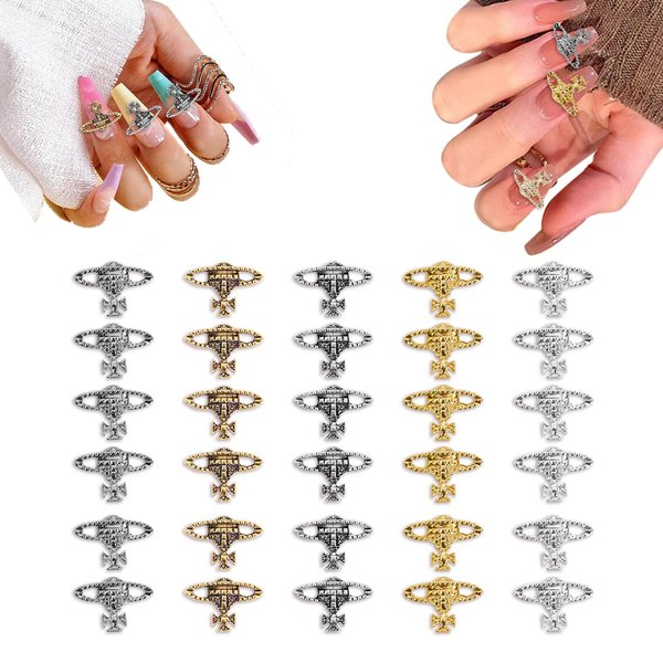 30Pcs Planet Nail Charms - 3D Planet Nail Art Jewels, Punk Gothic Alloy Shiny Saturn Shape Y2K Nail Charms Nail Art Supplies for Acrylic Nail Decoration, Nail Accessories for Nail DIY Design