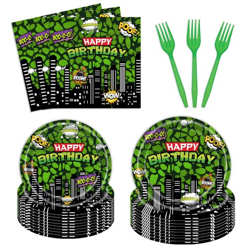 96 Pcs Ninja Superhero Birthday Party Plates and Napkins Green Comics Cityscape Buildings Party Supplies Set Boy Kids Green Tortoise Birthday Party Decorations Serve 24 Guests Tableware