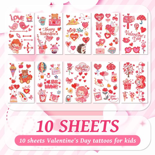 EMOME Valentine Tattoos for Kids, Cute Tattoo Stickers for Valentines Day Classroom Party Favors Decorations, Valentine Temporary Tattoos Special for Goodie Bag Stuffers Fillers Treats (Glitter)