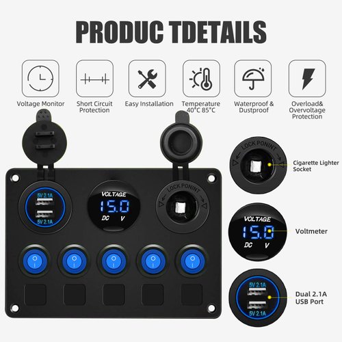 Upgrade Blue 5 Gang Marine Boat Rocker Switch Panel Circuit Breakers, Waterproof Switch Panel with 15A Inline Fuse for Truck RV, Digital Voltmeter USB Charger Port DC 12 Volt Power Outlet Socket