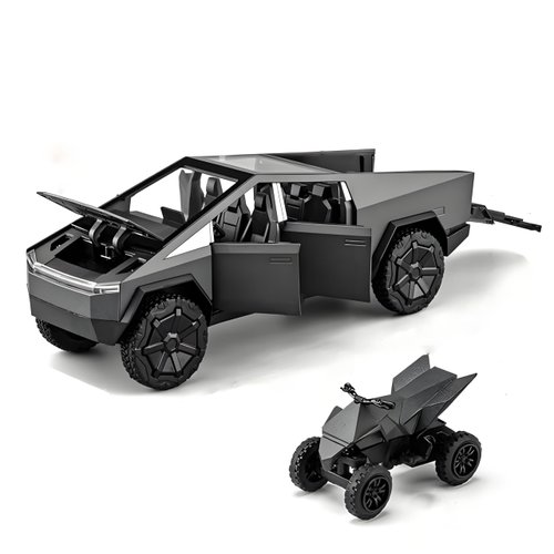 Cybertruck Toy Trucks with Motorcycle Diecast Metal Cyber Truck Model Pickup 1/32 Pull Back Race Cars with Sound and Light Effect Ideal Gift Age for 6 Year Old and Up