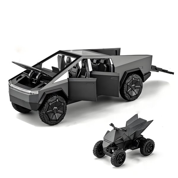Cybertruck Toy Trucks with Motorcycle Diecast Metal Cyber Truck Model Pickup 1/32 Pull Back Race Cars with Sound and Light Effect Ideal Gift Age for 6 Year Old and Up
