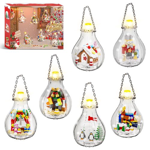 itshWOee Christmas Ornaments Building Set with Light, 6 Pack Christmas Tree Décor with Santa Claus Elk Nutcracker Penguin Building Toys, Christmas Party Gifts for Kids Boys and Girls Aged 6+