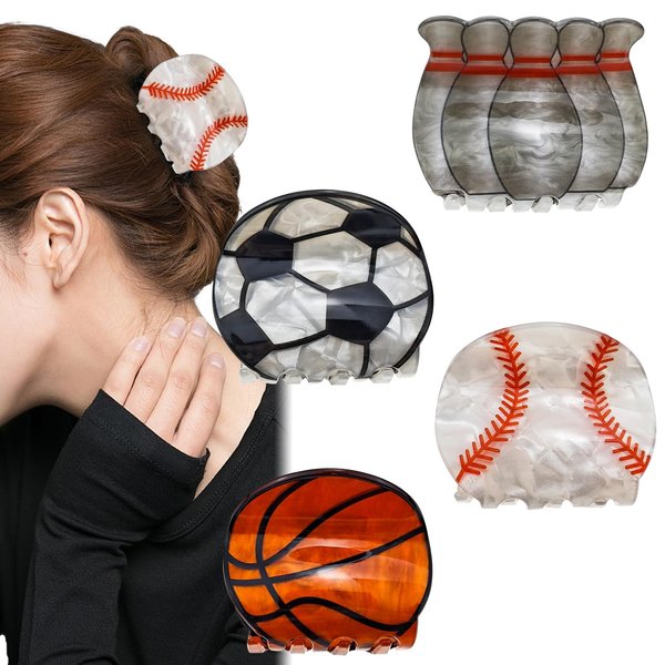 4 PACK Baseball Basketball Hair Claw Clips for Women, Bowling Football Hairpins, Medium Size Acetate Hair Clips, Non-Slip Sports Hair Barrettes Strong Hold Jaw Clips Hair Accessories for Women Girls