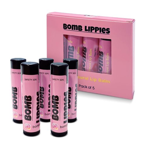 Bomb Lippies Natural Lip Balm, Intensely Repairing Lip Care for Dry, Cracked Lips, Lip Moisturizer with Beeswax, Shea Butter and Nourishing Oils, Enriched with Vitamin E and Antioxidants, 5 Pieces
