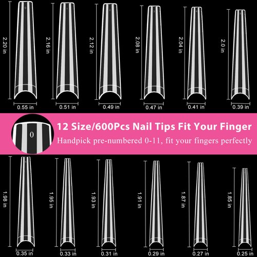 600 Pcs Extra Long Clear Acrylic Nail Tips, AITRAI 3XL No C Curve Coffin Nail Tips for Acrylic Nails Professional Half Cover Acrylic Fake Nails Tips with 2pcs Nail Files for Nail Art DIY,12 Sizes