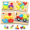 Wooden Puzzles Toddler Toys for 1 2 3 Years Old Boys Girls, 4 Vehicle Shape Learning Educational Blocks Birthday Gifts Sensory Toys Stocking Stuffers Montessori Toys Age 1-3, 2-4