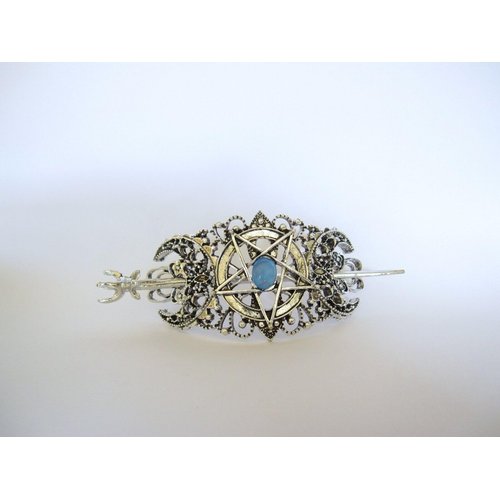 Generic Silver moon pentagram crescent metal blue stone hair slide stick clip barrette