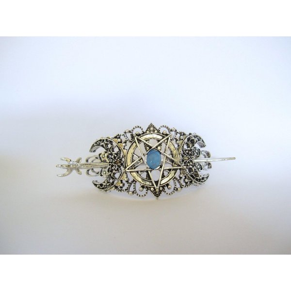 Generic Silver moon pentagram crescent metal blue stone hair slide stick clip barrette