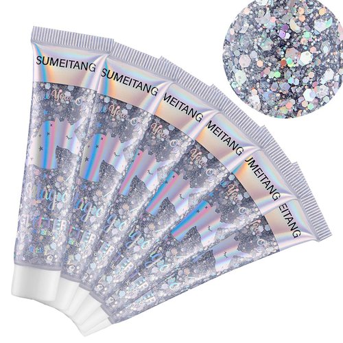 SUMEITANG 6PCS Silver Face Body Glitter Gel，Mermaid Holographic Sequins Chunky Glitter Paint for Party Singer Concerts Music Festival Rave Accessories for Girls Women Face Body Hair Sparkling Makeup