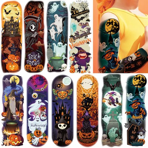 CHARLENT Kids Halloween Full Arm Temporary Tattoos - 11 Sheets Full Arm Halloween Tattoos for Boys Girls Halloween Party Favors Treats Goodie Bag Fillers