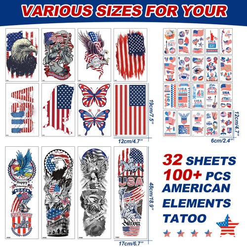 CUTELIILI Independence Day Temporary Tattoo,4th of July Sleeve Tattoo, American Flag Fake Tattoos,Red White and Blue Party Supplies,USA Flag, Memorial Day, Labor Day