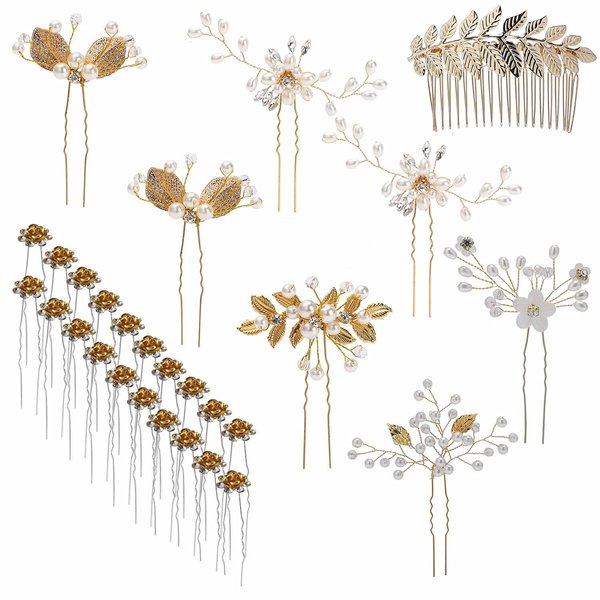 inSowni 28 Pack Wedding Bridal Gold Metal Leaf Hair Side Combs+U Shaped Pearl Rhinestone Fancy Hair Pins Clips Flower Golden Prom Formal Hair Pieces Updo Accessories for Women Girls Brides Bridesmaids